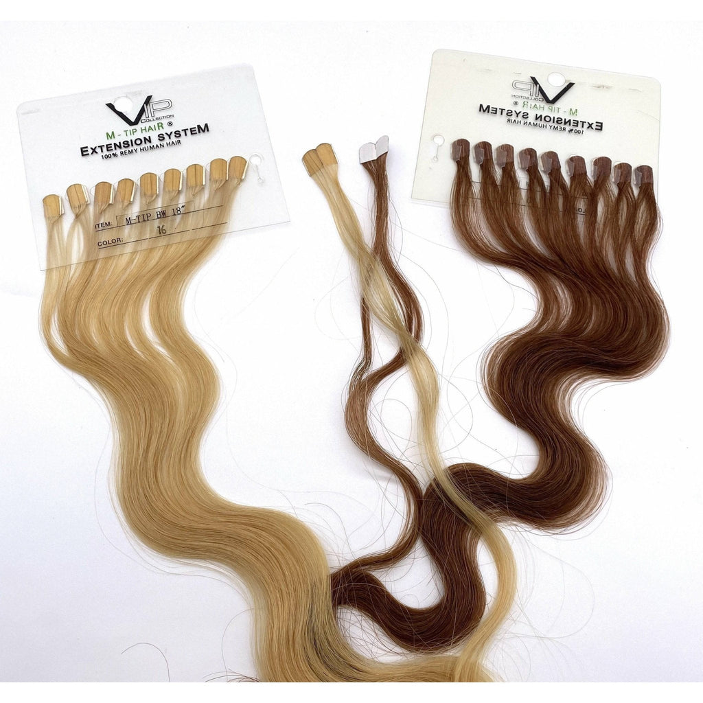 VIP M-Tip wavy 18-inch human hair extensions in natural blonde and brown shades