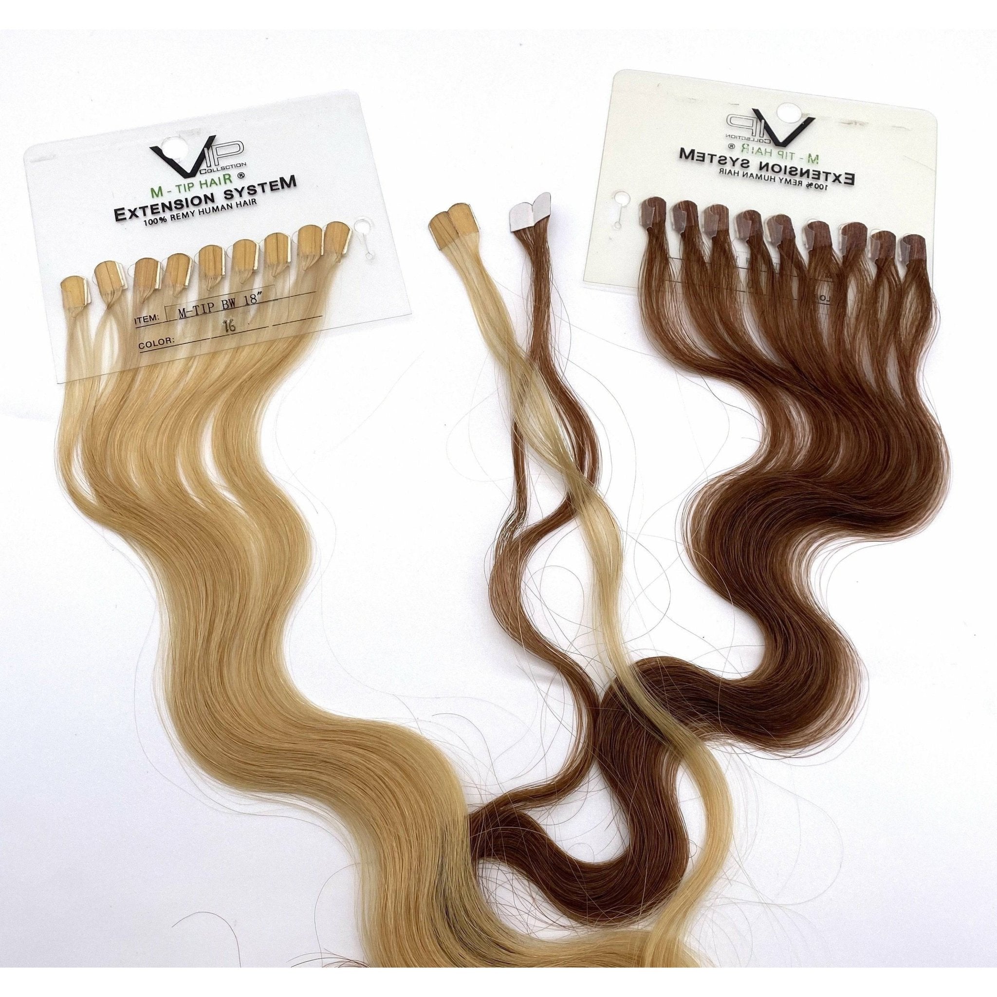 VIP M-Tip wavy 18-inch human hair extensions in natural blonde and brown shades