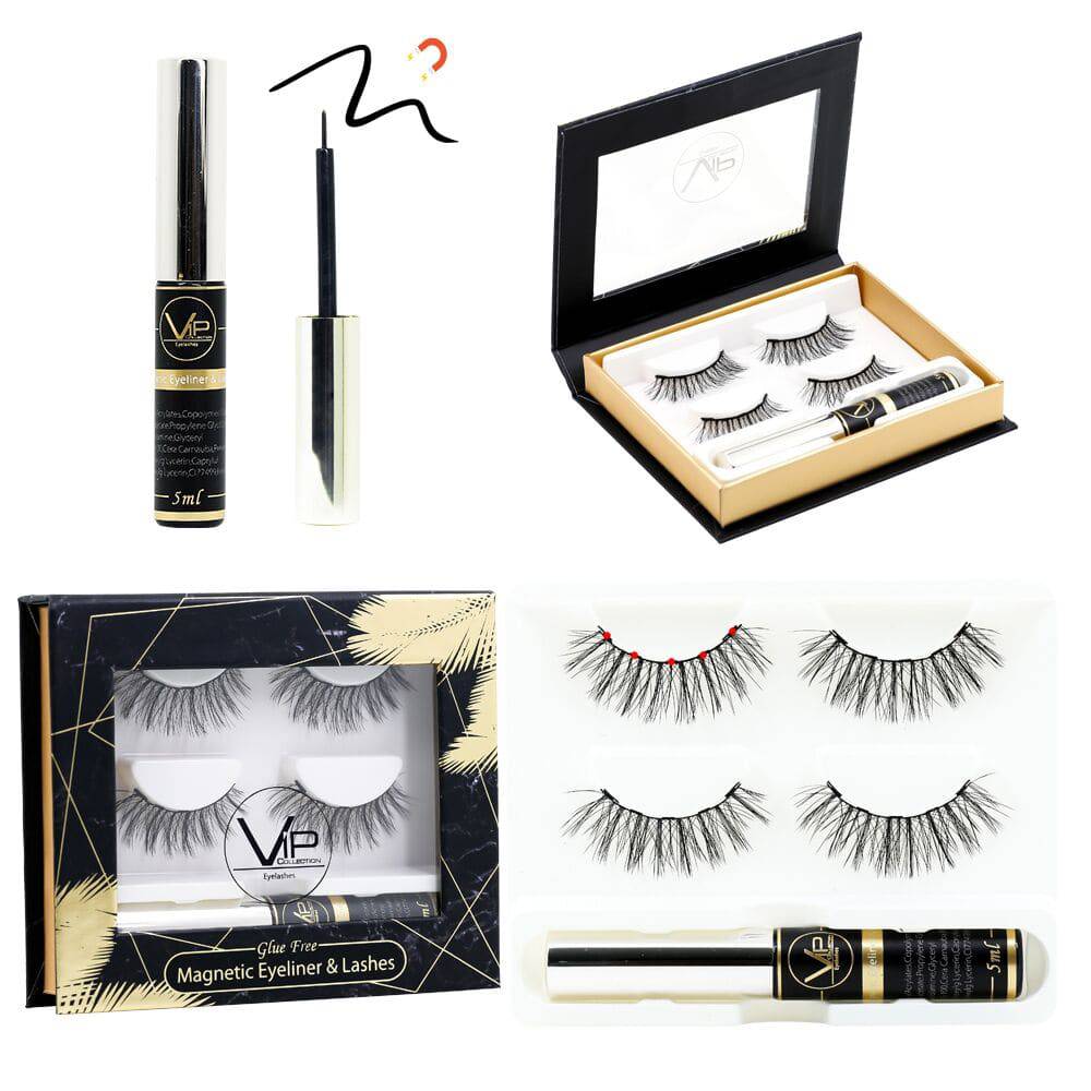 Set of two pairs of black magnetic lashes with magnetic eyeliner bottle on a white background.