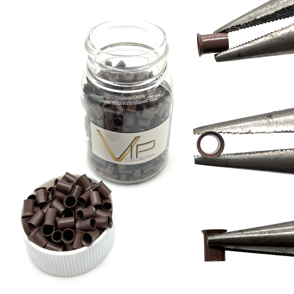 VIP Extensions copper micro rings in brown and black packaging, 500 piece set