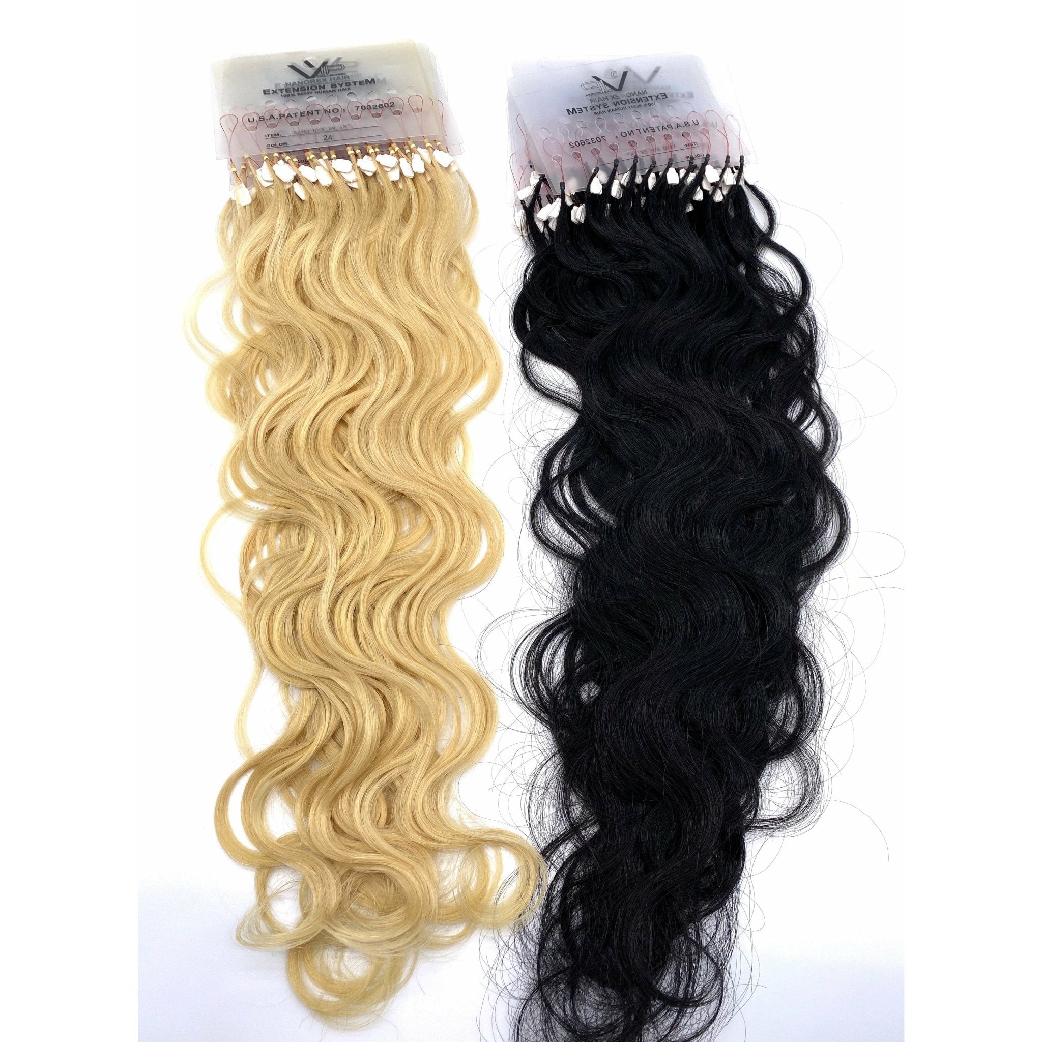 VIP Nanorex 18-inch body wave human hair extensions available in blonde and black