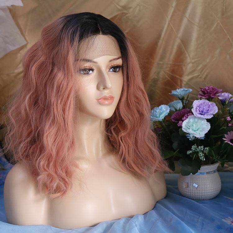 16-inch synthetic lace front wig in black and pink gradient color