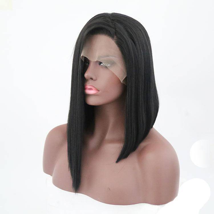Model wearing a 14-inch black synthetic lace front wig with a sleek, modern finish.