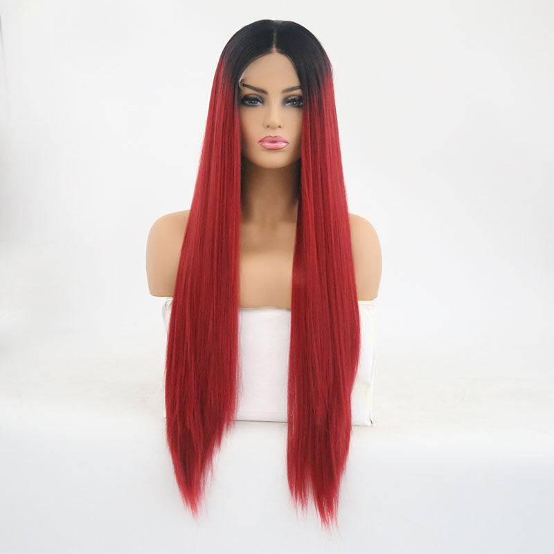 24-inch lace front wig with ombre black to deep red hair styling