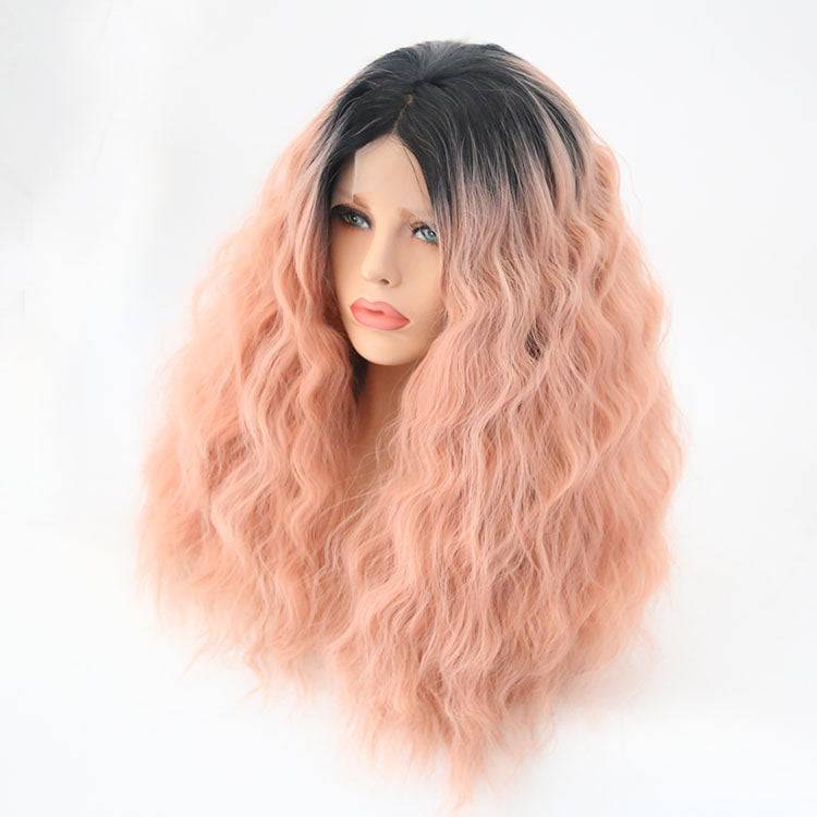 24-inch long synthetic lace front wig featuring a black and pastel pink gradient.