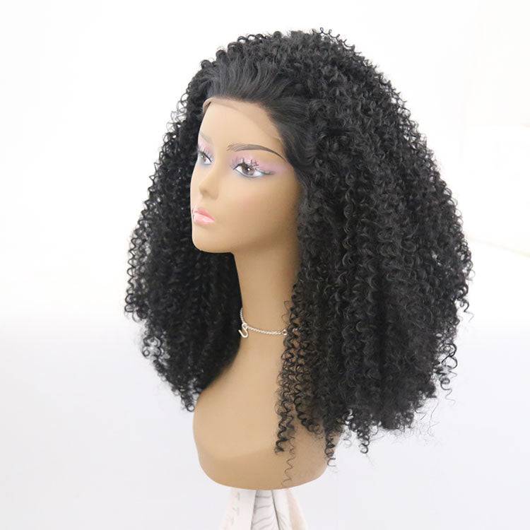 Model wearing a 24-inch long synthetic lace front wig in off-black color 1B