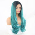 24-inch synthetic lace front wig featuring an ombre gradient from dark roots to vivid teal.