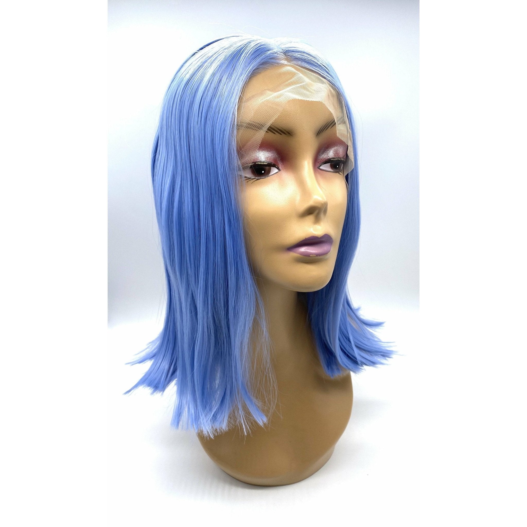 16-inch synthetic lace front wig in color 1B/Silver on a mannequin head