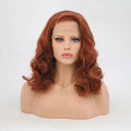 Woman wearing a 14-inch copper red synthetic lace front wig, side profile view.