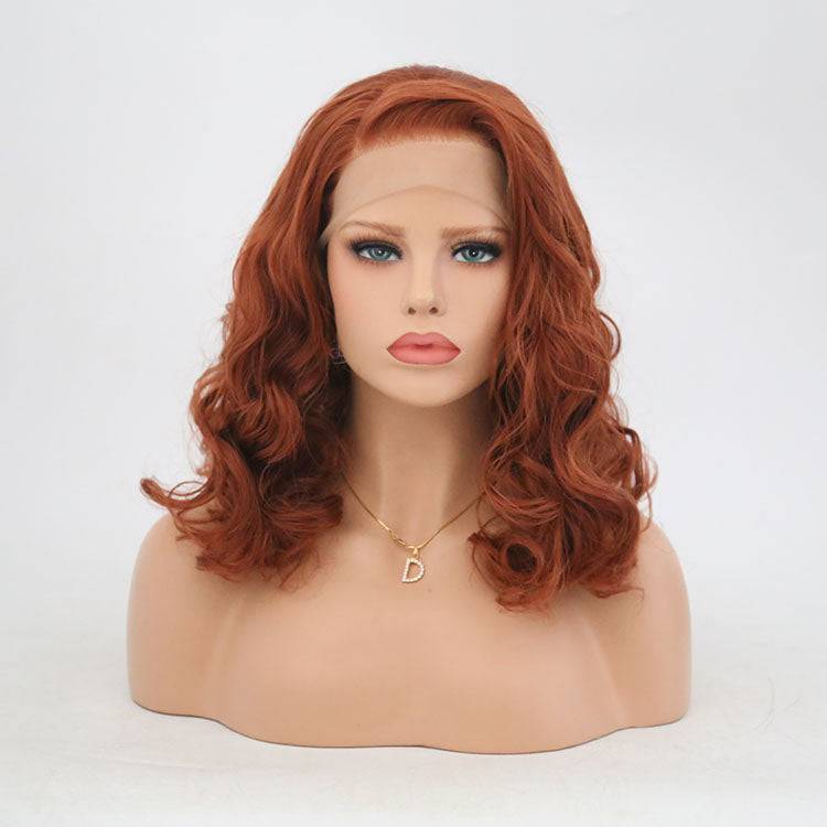 Woman wearing a 14-inch copper red synthetic lace front wig, side profile view.
