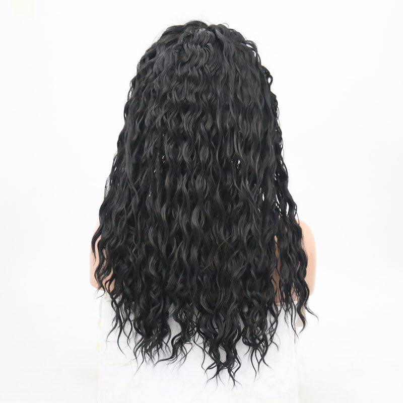 24-inch synthetic lace front wig in 1B off-black color, styled with a glamorous and classic look.