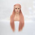 A 24-inch pink synthetic lace front wig with a modern style, ideal for cosplay.