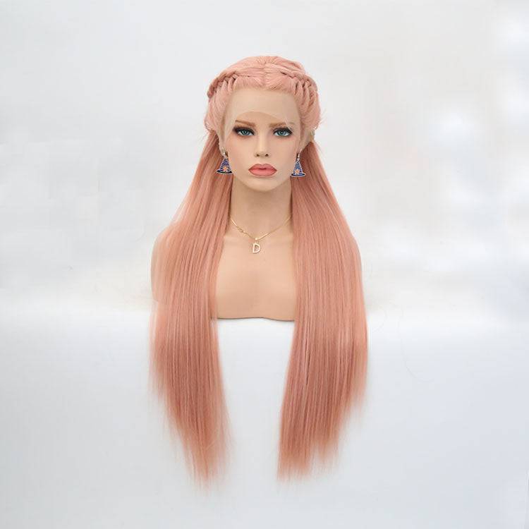 A 24-inch pink synthetic lace front wig with a modern style, ideal for cosplay.