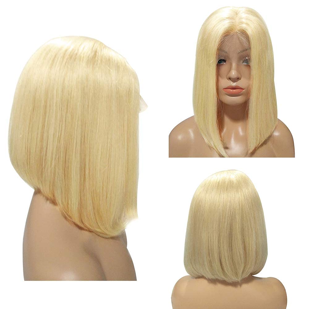 Platinum blonde synthetic lace front wig, style 7, displayed on a mannequin.