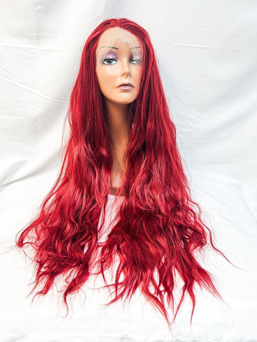 24-inch lace front wig in vibrant fire-engine red, synthetic hair for a glamorous look.
