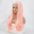 24 inch long pastel pink synthetic lace front wig for women