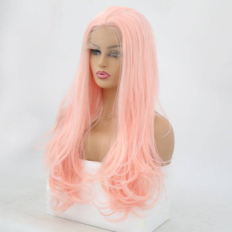 24 inch long pastel pink synthetic lace front wig for women
