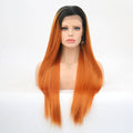 24 inch synthetic lace front wig featuring an ombre color transition from black roots to vibrant copper orange.