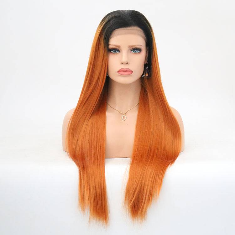 24 inch synthetic lace front wig featuring an ombre color transition from black roots to vibrant copper orange.
