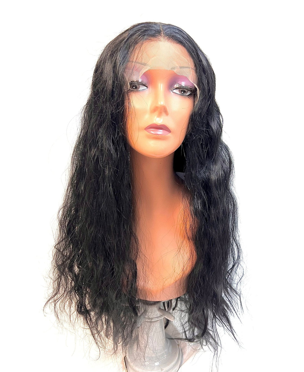Long 24-inch heat-safe synthetic lace front wig in classic 1B black