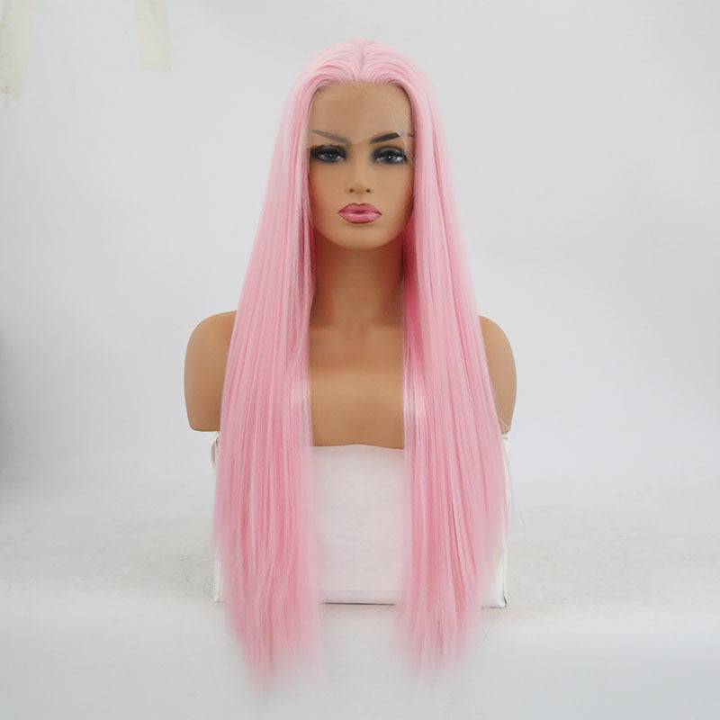 24 inch solid pink synthetic lace front wig, color 2317