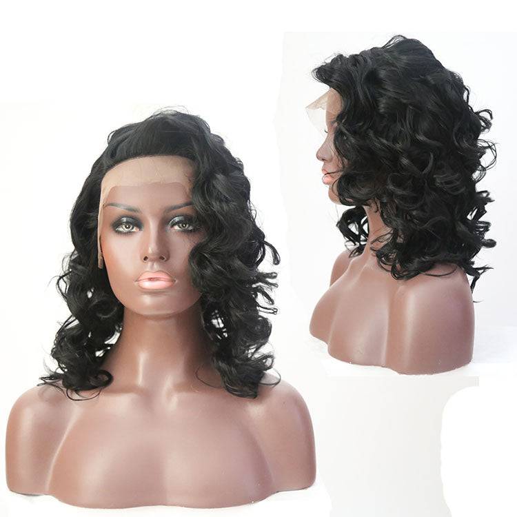 Woman wearing an 18-inch 1B Off Black synthetic lace front wig with a natural hairline.
