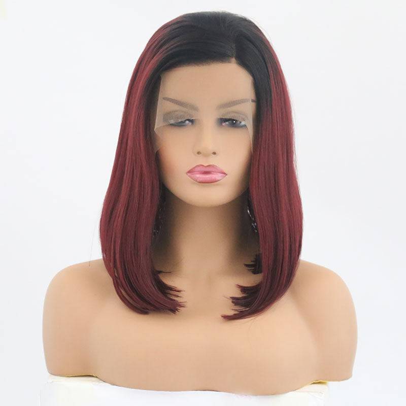 14 inch synthetic lace front wig in color T1B/118 featuring black roots and burgundy ends