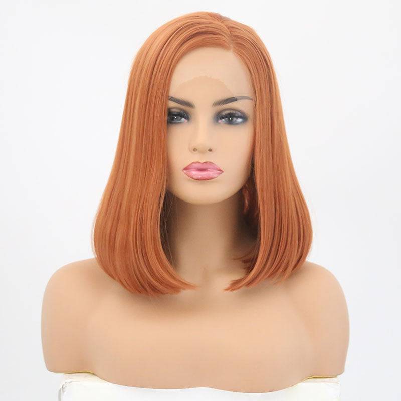 Model wearing a 14-inch ginger and copper synthetic lace front wig