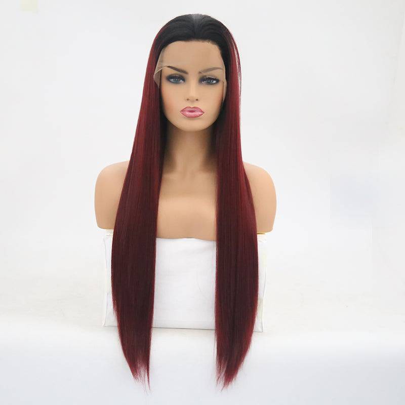 24-inch synthetic lace front wig in color 1BT99J with a long, heat-safe design