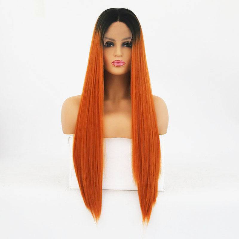 Long 24-inch T1B/350 black and copper synthetic lace front wig