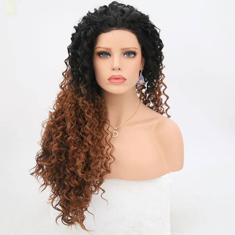 24-inch synthetic lace front wig in T1B/30 ombre color with dark roots and auburn tips.
