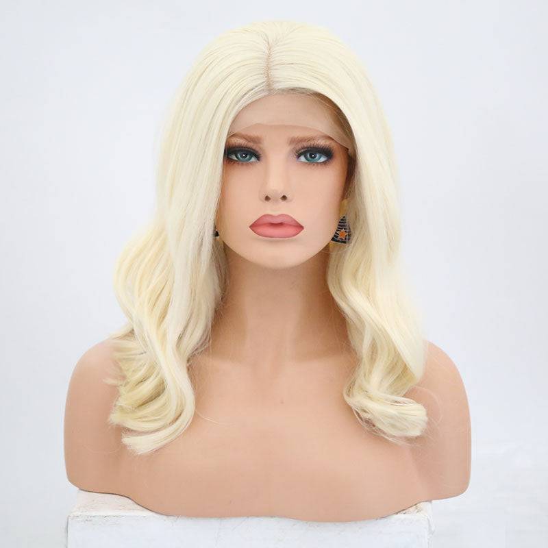 24-inch blonde synthetic lace front wig with long, smooth texture