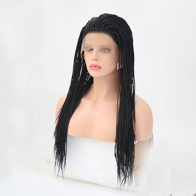24-inch braided lace front wig in solid off-black color 1B