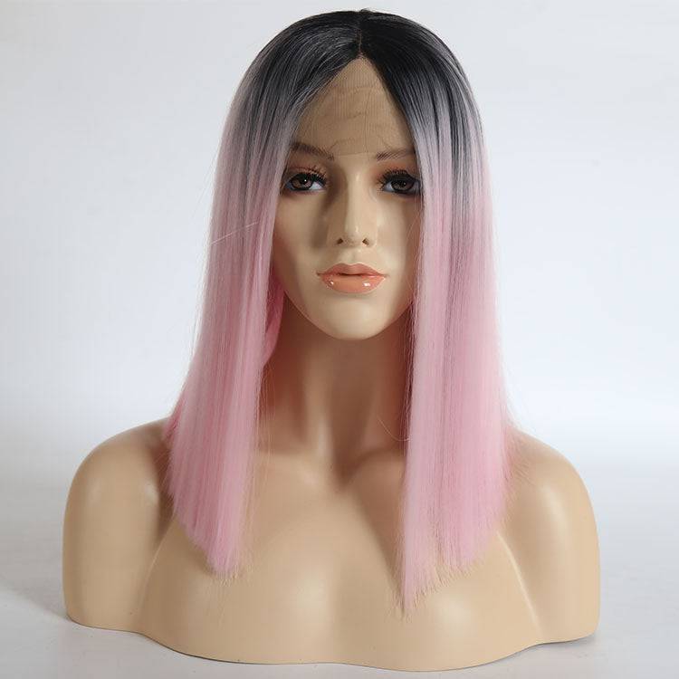 16-inch synthetic lace front wig featuring an ombré grey to pink color transition