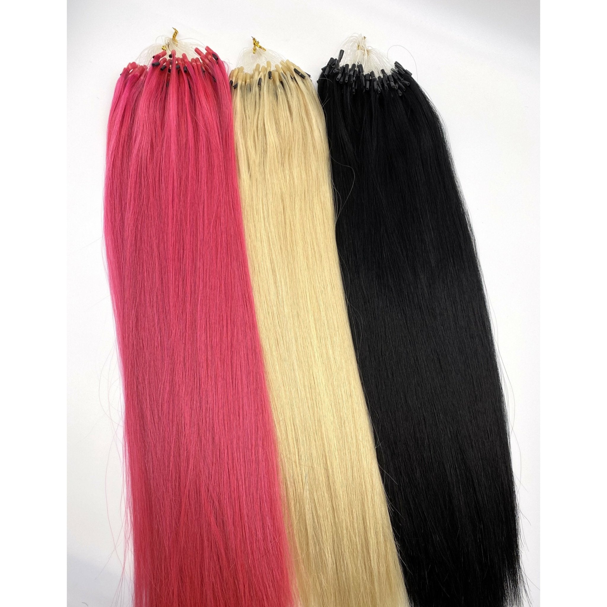 18-inch straight human hair extensions with tube-link closure in black and magenta-pink