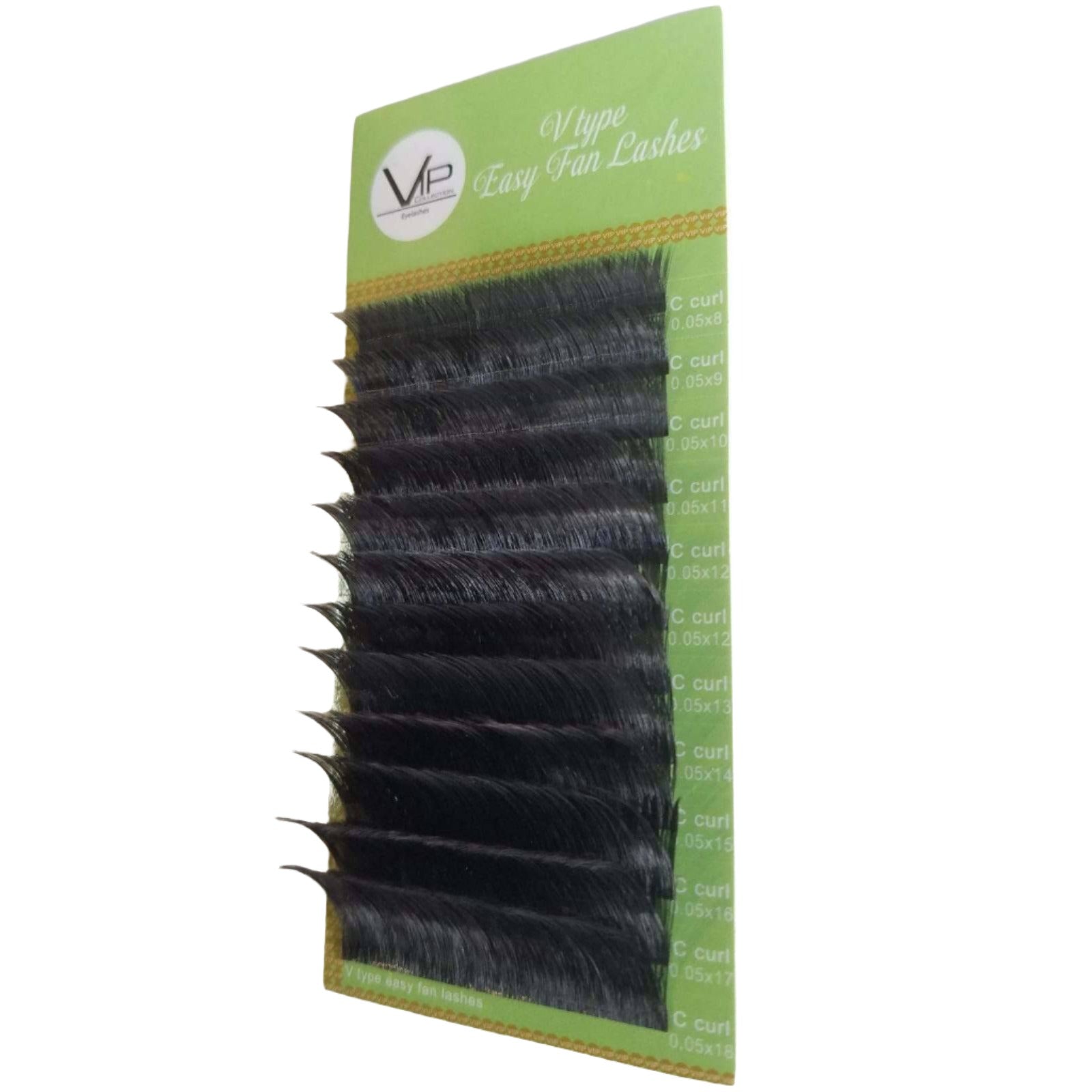 Tray of black V-type easy fan eyelash extensions, 0.05 C curl, 12 lines.