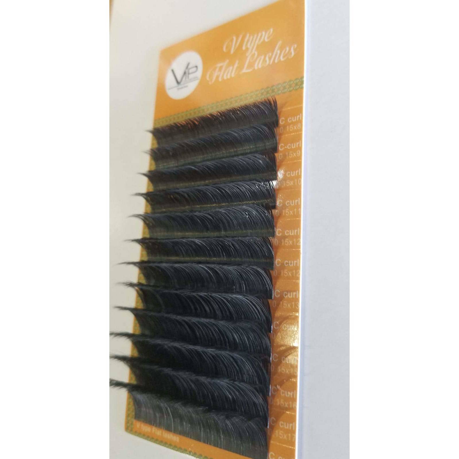 Close up of VIP V Type Flat Lashes 0.15mm C Curl in a 12-line mix tray with orange branding