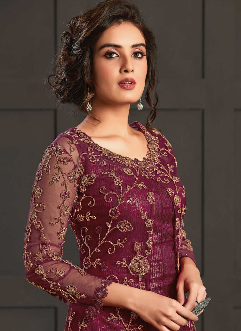 Wine Heavy Net Embroidered Pakistani Suit for Festive Occasions