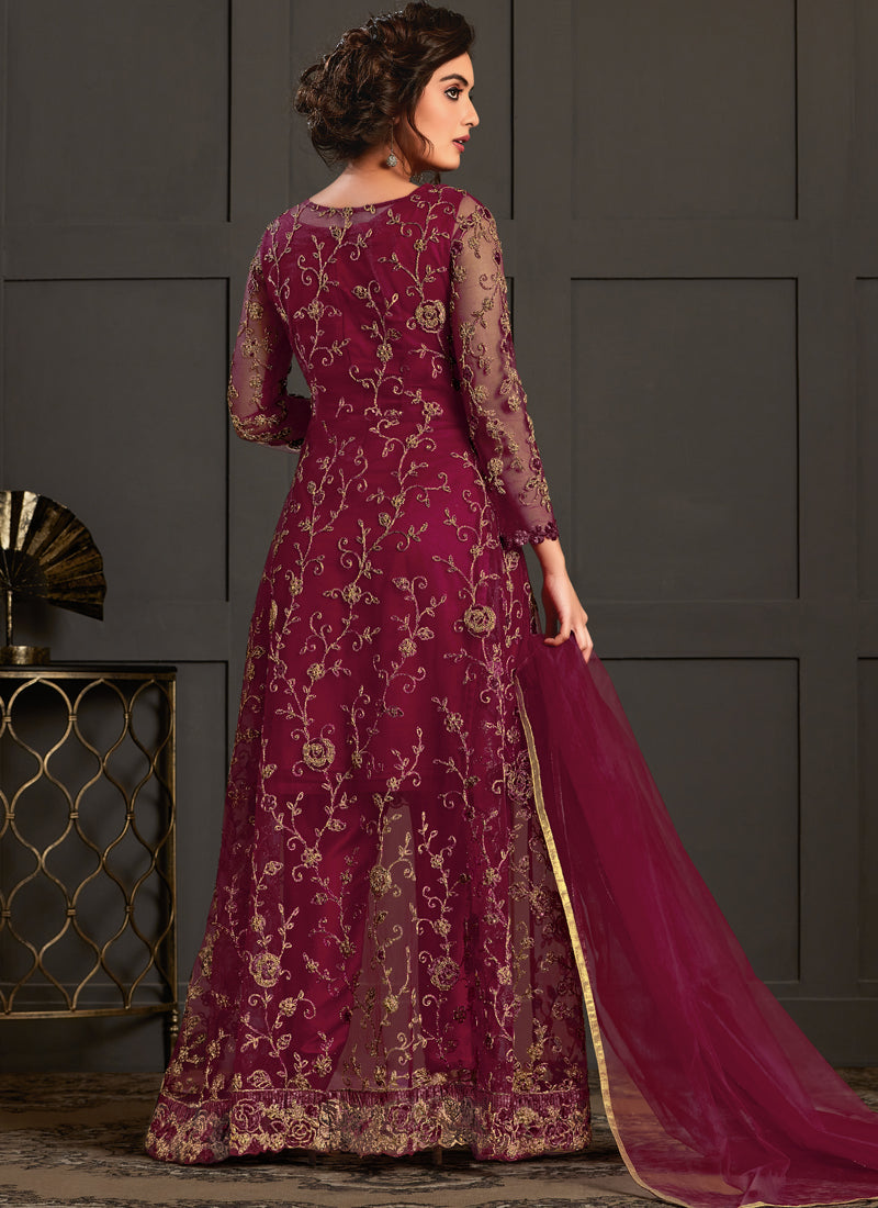 Wine Heavy Net Embroidered Pakistani Suit for Festive Occasions