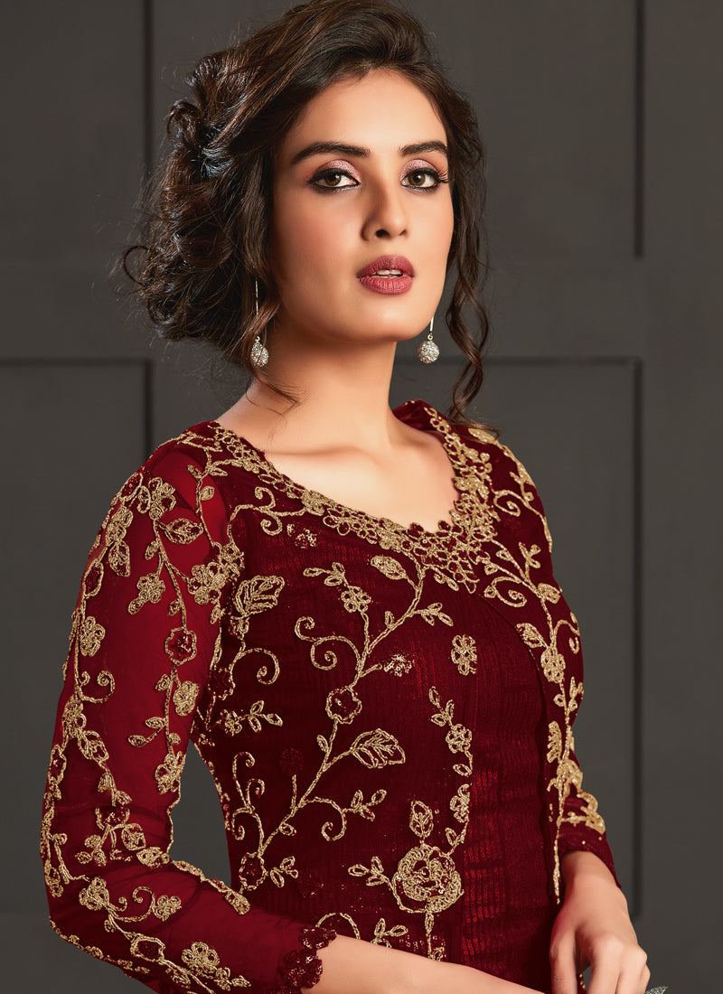 Maroon Heavy Net Embroidered Pakistani Suit for Festivals