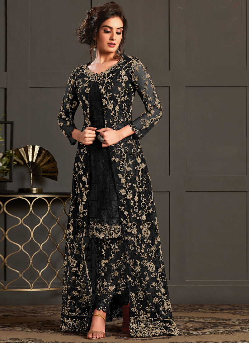 Black Heavy Net Pakistani Suit with detailed embroidery and matching dupatta