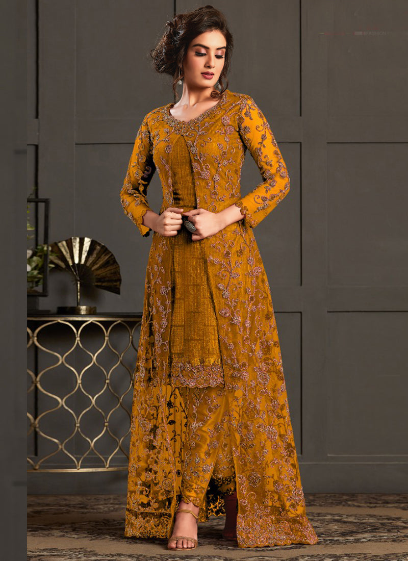 Mustard Heavy Net Pakistani suit with intricate embroidery and matching dupatta