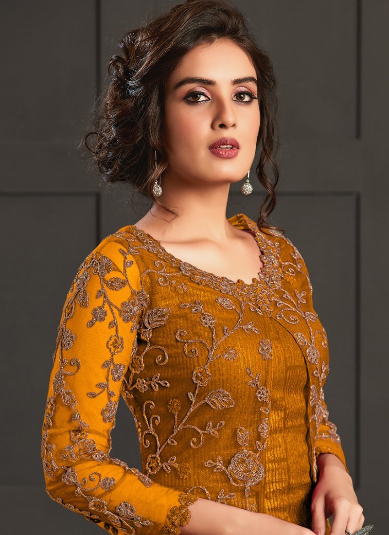 Mustard Heavy Net Embroidered Pakistani Suit A-Line Set