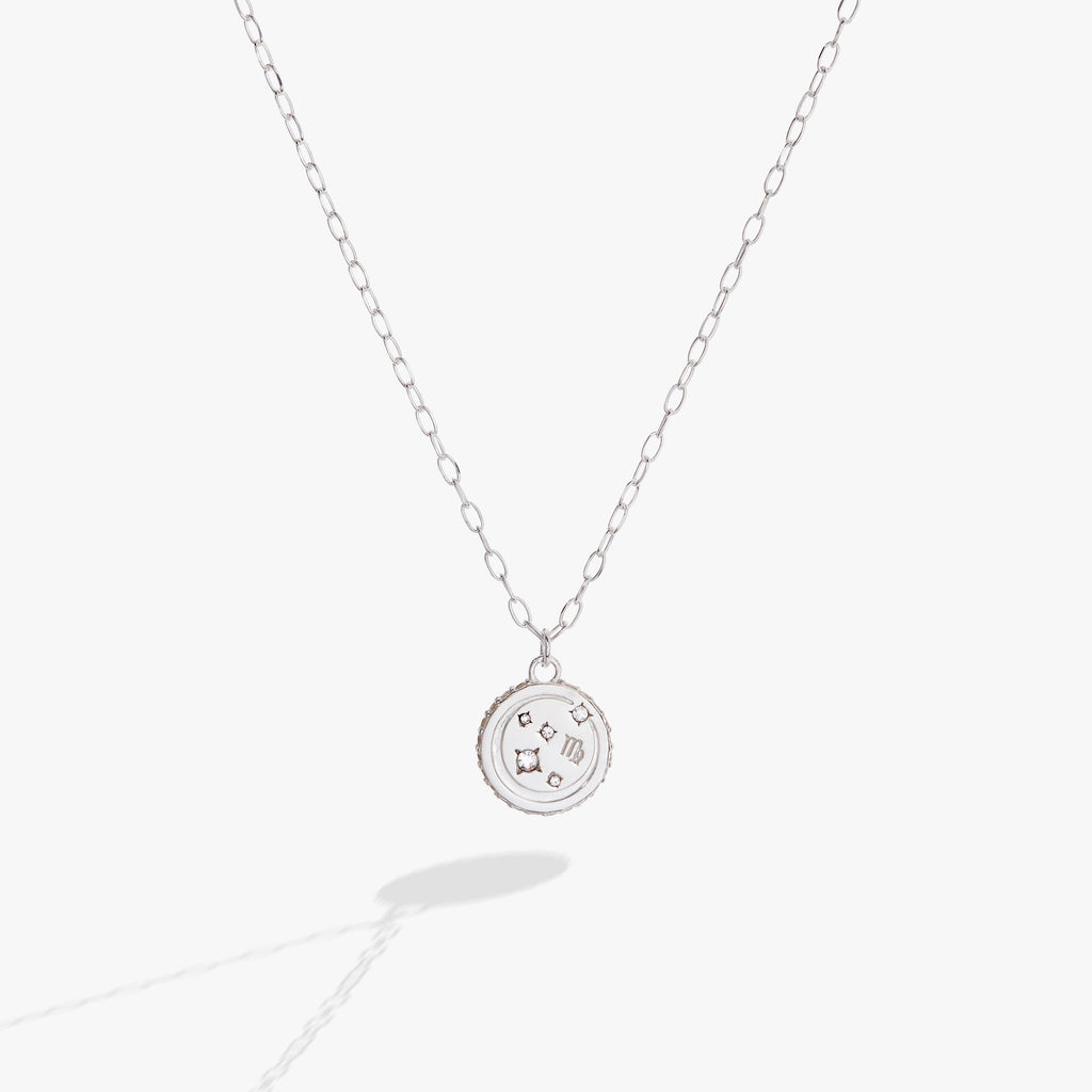 Silver Virgo zodiac pendant necklace with double-sided engraving and crystal accents