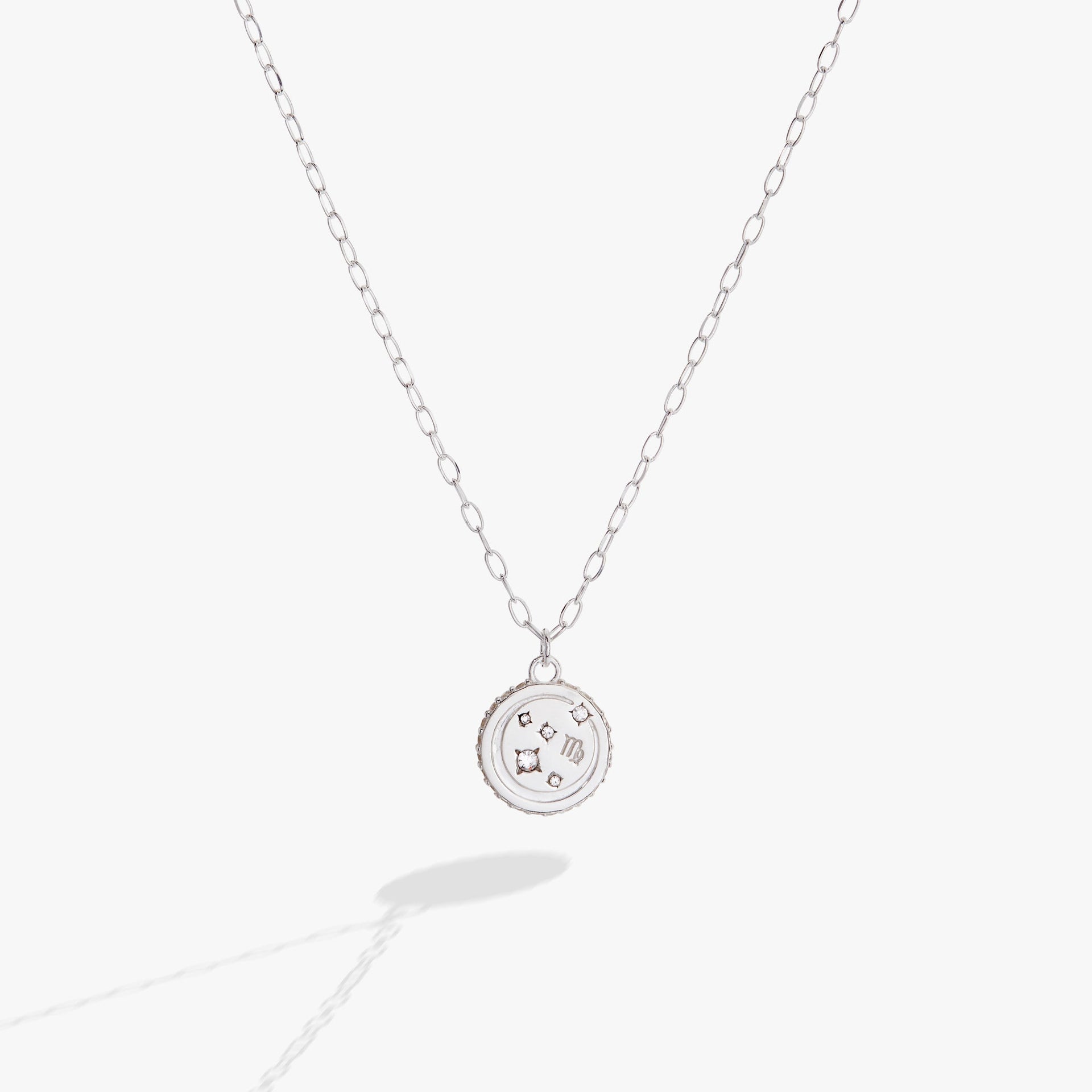 Silver Virgo zodiac pendant necklace with double-sided engraving and crystal accents