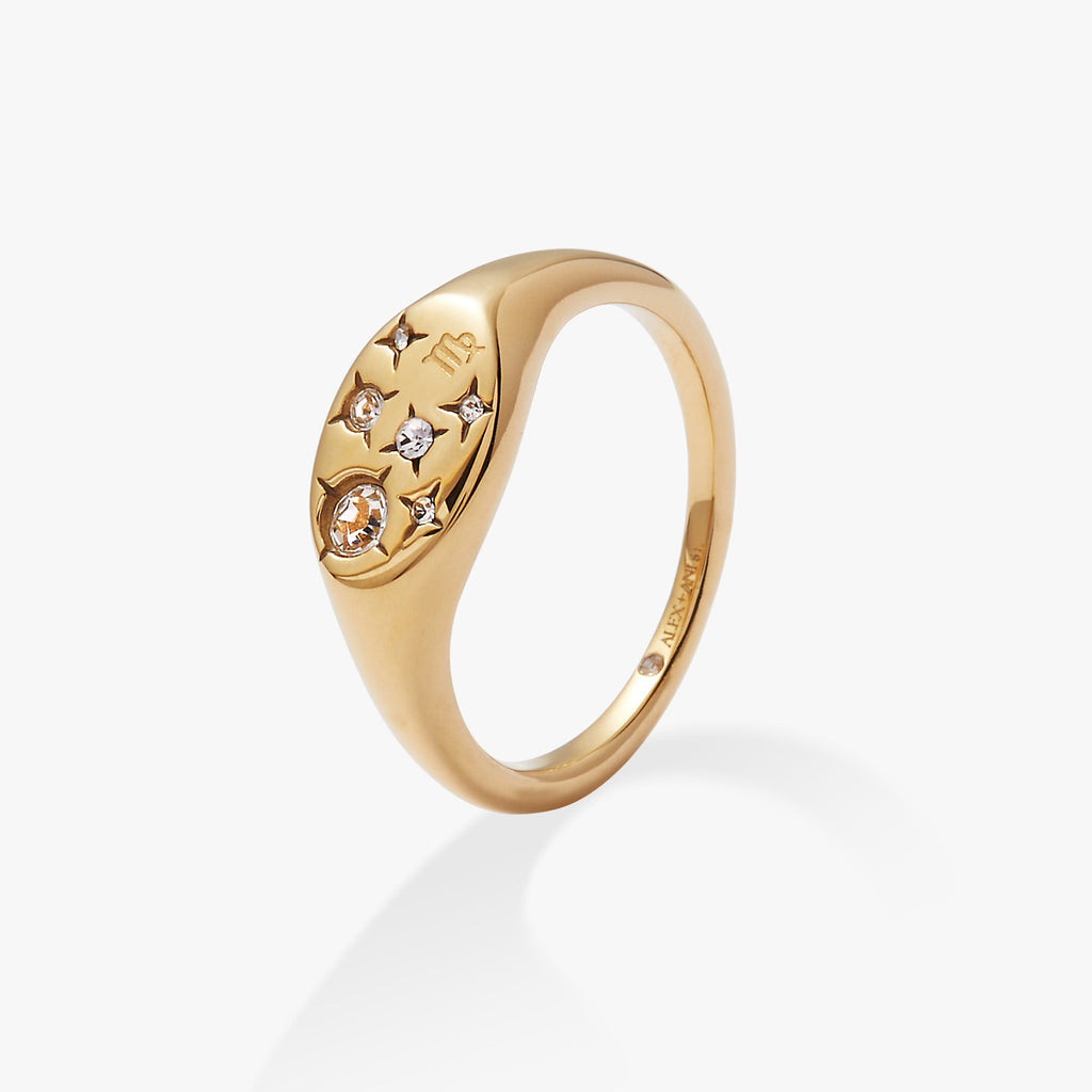 Virgo Zodiac Signet Ring in Polished Gold-Plated with Crystals
