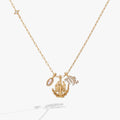 Virgo zodiac charm cluster necklace featuring a gold-plated angel motif and navette-cut crystals.