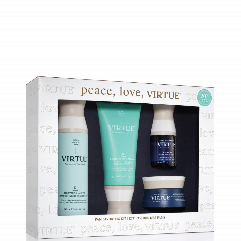 Virtue Fan Favorites 4-Piece Hair Care Kit featuring Recovery Shampoo, Conditioner, Mask, and Healing Oil.
