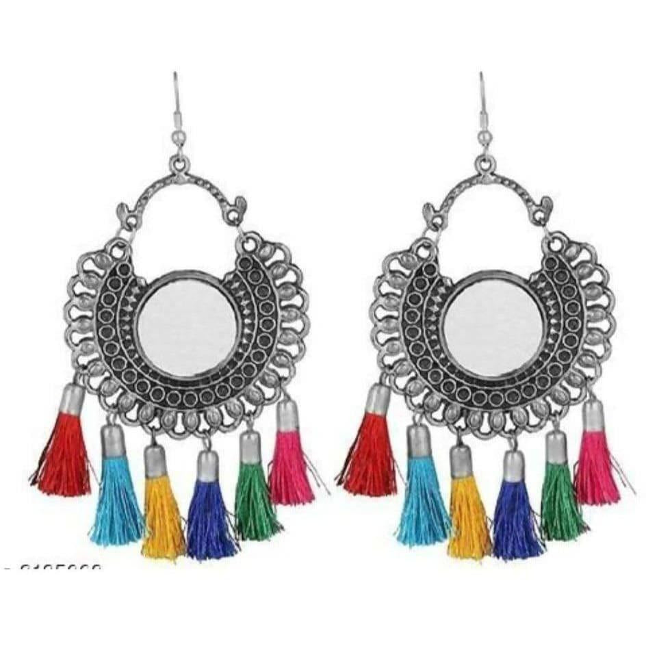 Silver oxidized boho earrings with colorful hanging tassels