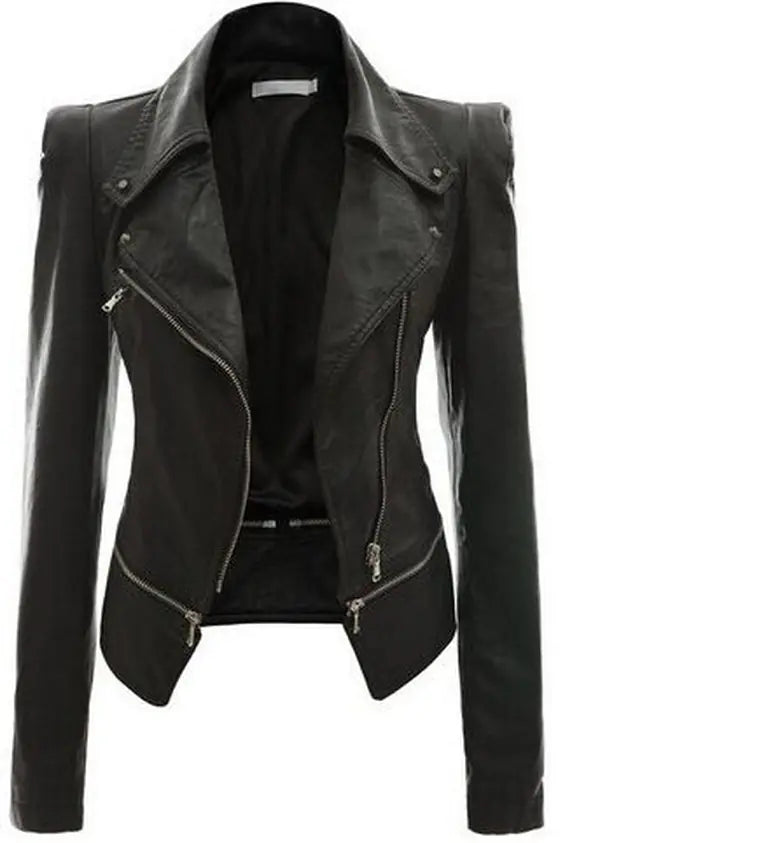 Fitted women's faux leather motorcycle jacket with zipper detailing, available in black and coffee brown.